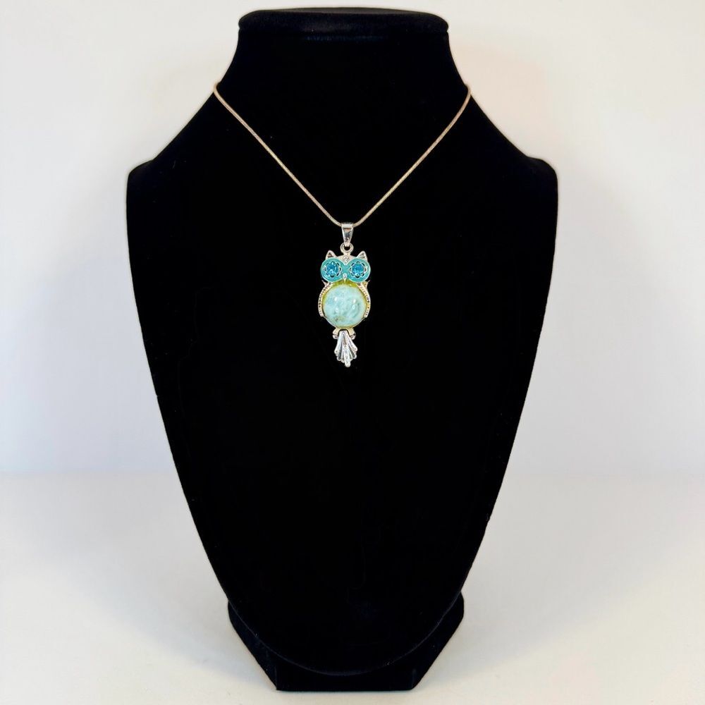 Turquoise & Rhinestone Owl Charm Pendant Necklace | Whimsical Animal Jewelry